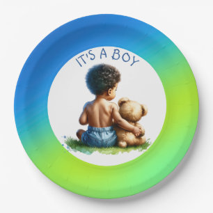 African-American Baby Boy with Teddy Baby Shower  Paper Plate