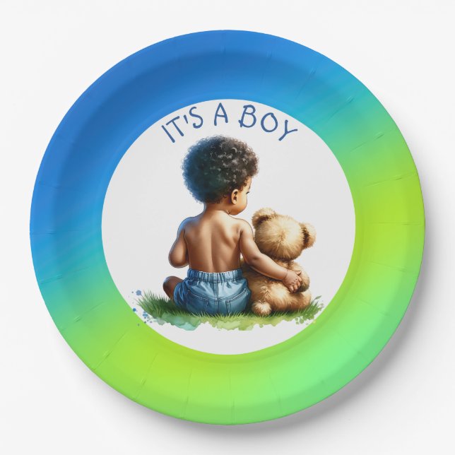 African-American Baby Boy with Teddy Baby Shower  Paper Plate (Front)