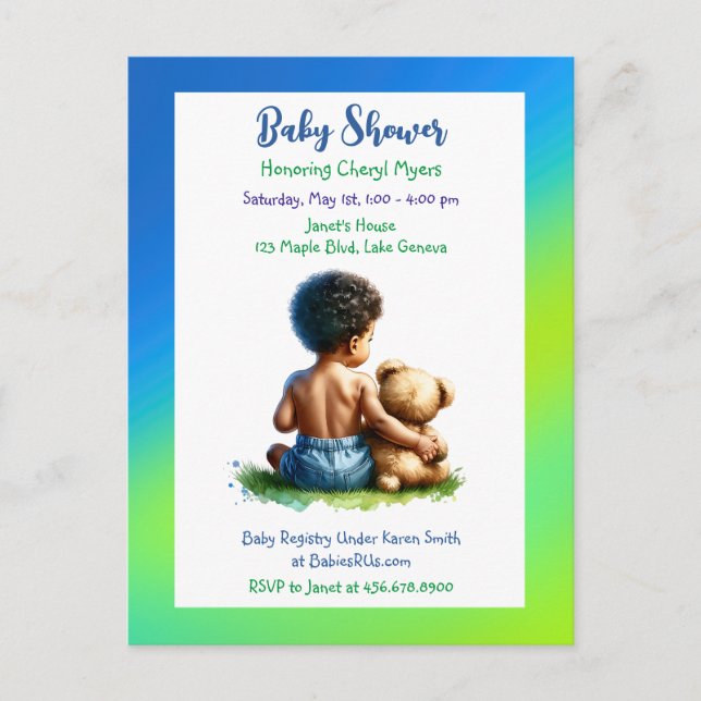 African-American Baby Boy with Teddy Baby Shower Postcard (Front)