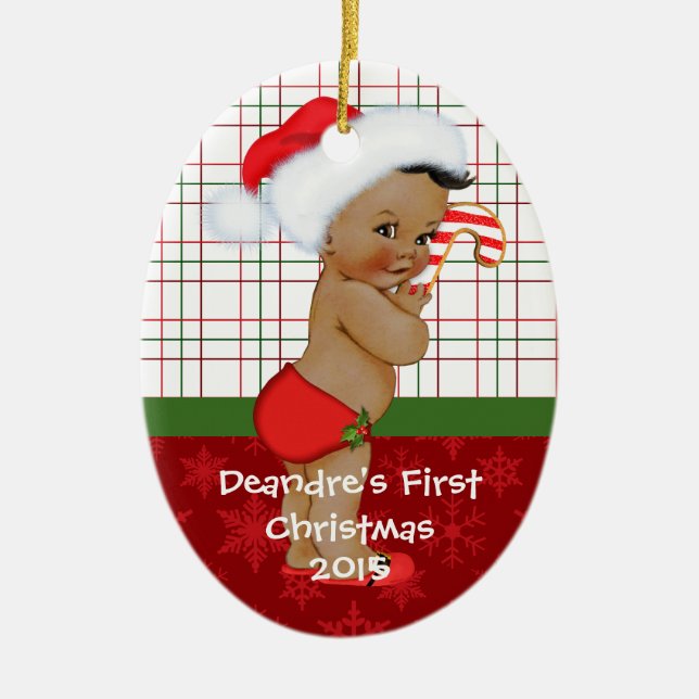 African American Baby Boy's First Christmas Orname Ceramic Tree Decoration (Front)