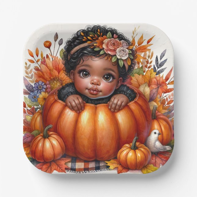 African American Baby Girl Autumn Pumpkin Paper Plate (Front)
