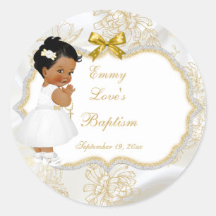 African American Baby Girl Baptism Gold Cross Classic Round Sticker