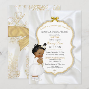 African American Baby Girl Baptism Gold Cross Invitation