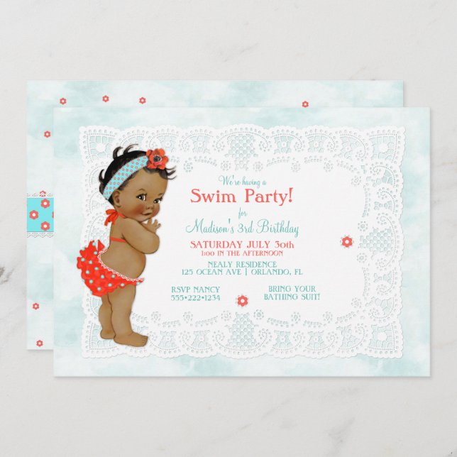 African American Baby Girl Bathing Suit Lace Invitation (Front/Back)