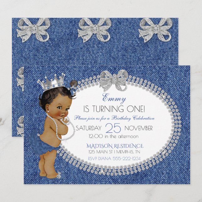 African American Baby Girl Denim & Diamonds Bows Invitation (Front/Back)