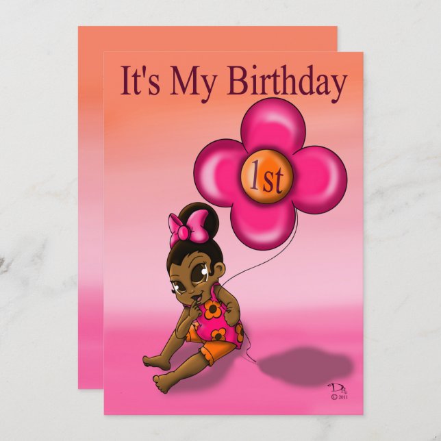 African American Baby Girl First Birthday Party Invitation (Front/Back)
