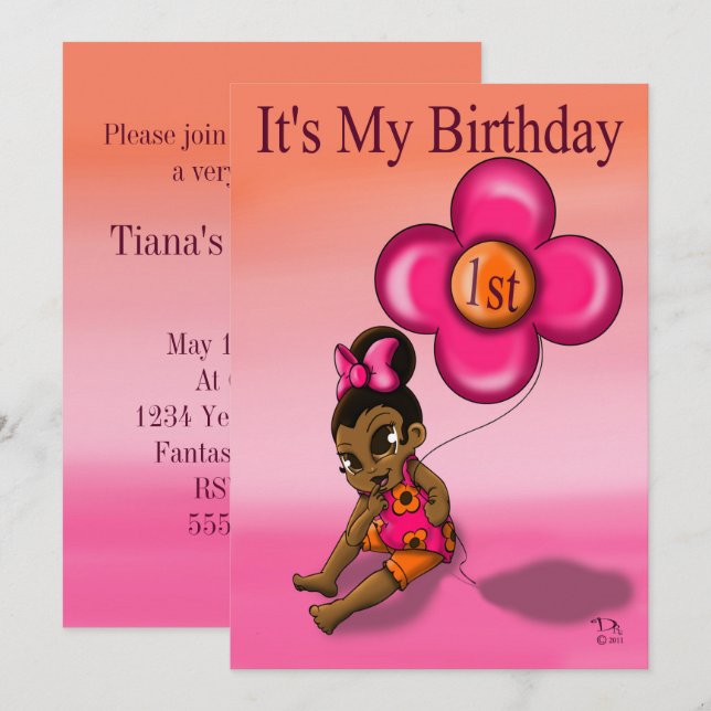 African American Baby Girl First Birthday Party Invitation (Front/Back)