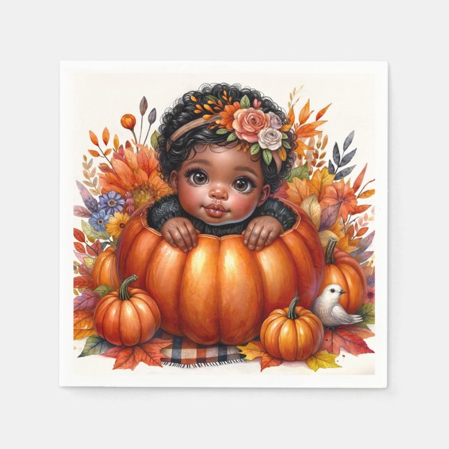 African American Baby Girl In Pumpkin Napkin (Front)