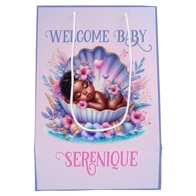 African American Baby Girl in Seashell Pastel Medium Gift Bag (Back)