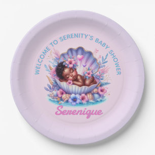 African American Baby Girl in Seashell Pastel Paper Plate