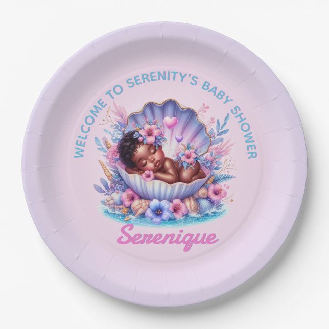 African American Baby Girl in Seashell Pastel Paper Plate (Front)