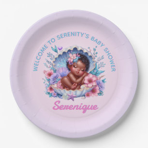 African American Baby Girl in Seashell Pastel Paper Plate