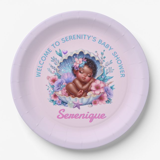 African American Baby Girl in Seashell Pastel Paper Plate (Front)