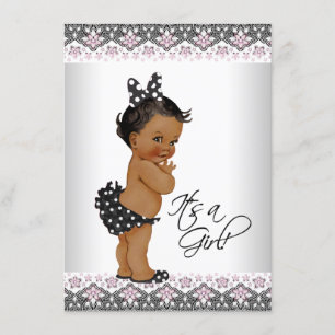 African American Baby Girl Shower Pink Black Lace Invitation