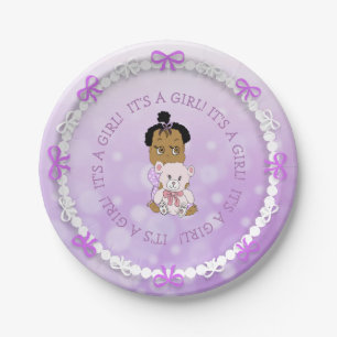 African-American Baby Girl Teddy Bear Baby Shower Paper Plate
