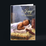 African American Baby Jesus Christmas Cards<br><div class="desc">Joy to the world. African American Baby Jesus Painting with gold foil greeting African American Nativity Art personalised Christmas Religious Greeting Cards. Original painting by Carlos Maraz, Spain, 2010. Copyright © Carlos Maraz. Matching Poster, Fine Art Print, Wall Art, Canvas Print, cards and gifts available in the Christmas Category of...</div>