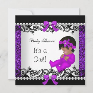 African American Baby Shower Baby Girl Glitter 2 Invitation