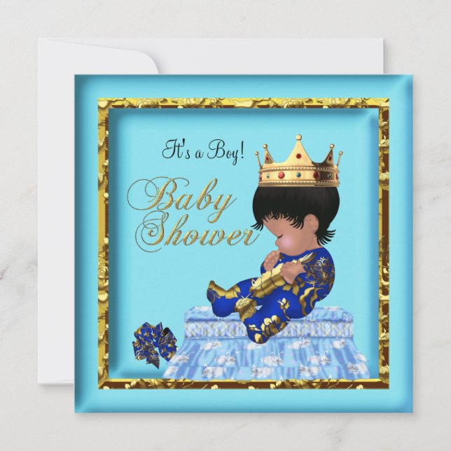 African American Baby Shower Blue Gold Boy Invitation (Front)