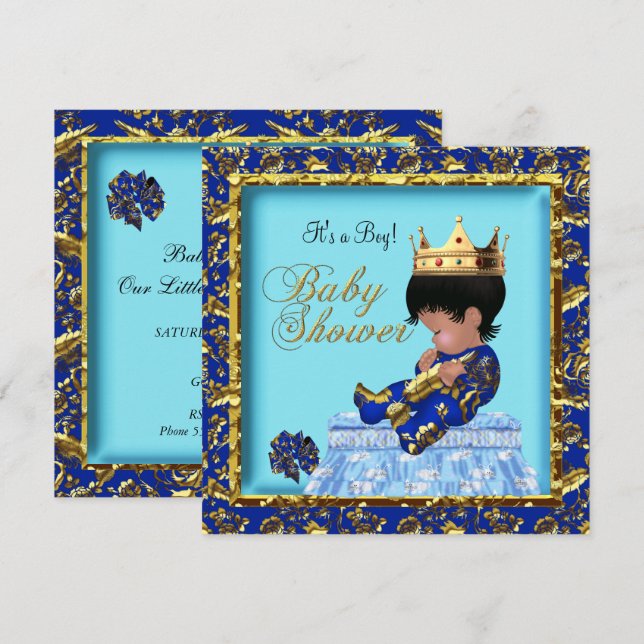 African American Baby Shower Blue Gold Boy Invitation (Front/Back)