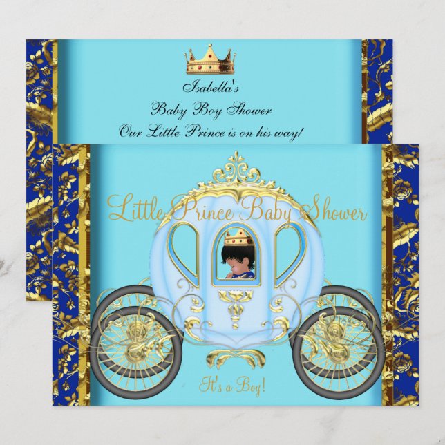 African American Baby Shower Blue Gold Boy Invitation (Front/Back)
