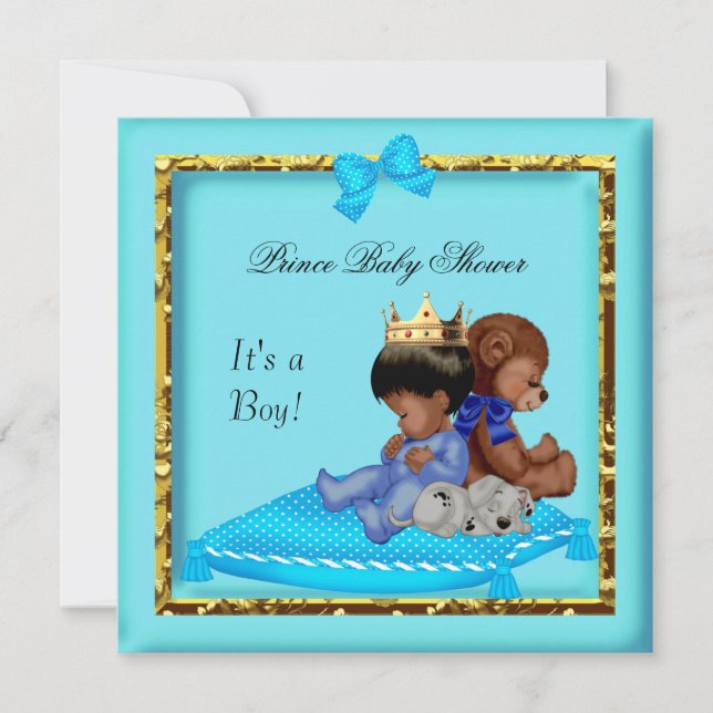African American Baby Shower Blue Gold Boy Prince Invitation (Front)