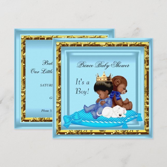 African American Baby Shower Blue Gold Boy Prince Invitation (Front/Back)