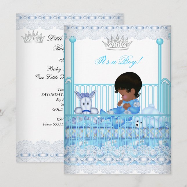 African American Baby Shower Blue Lace Boy Prince Invitation (Front/Back)
