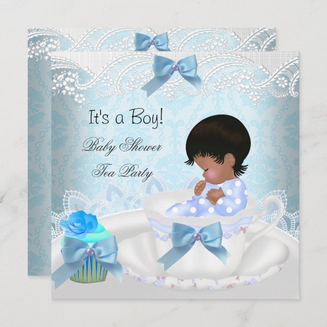African American Baby Shower Boy Blue Baby Teacup Invitation (Front/Back)