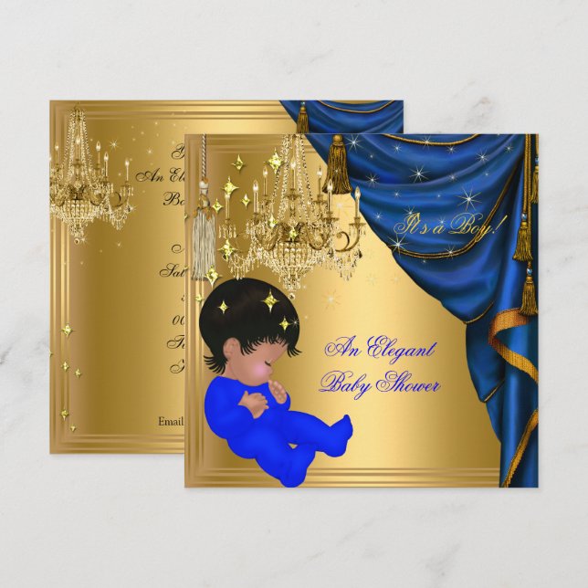African American Baby Shower Boy Blue Gold Invitation (Front/Back)