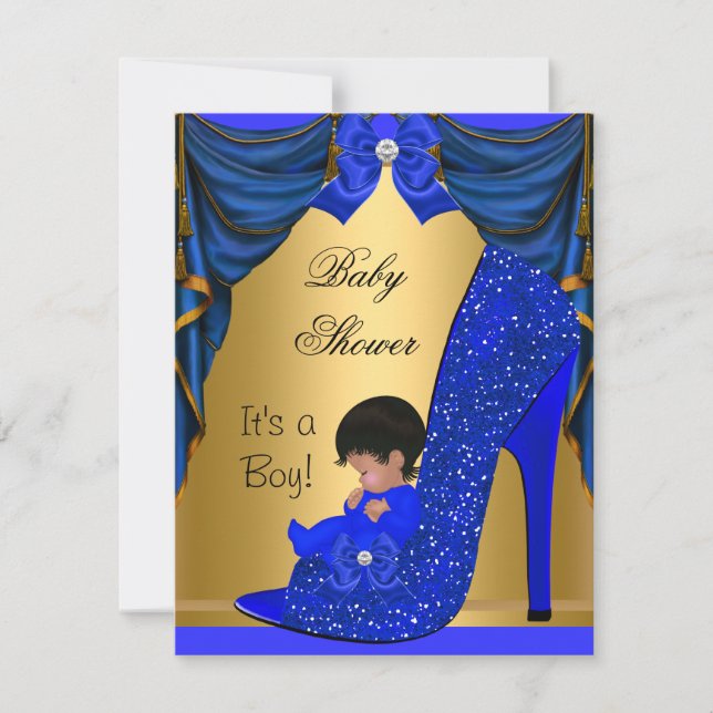 African American Baby Shower Boy Blue Gold Shoe Invitation (Front)