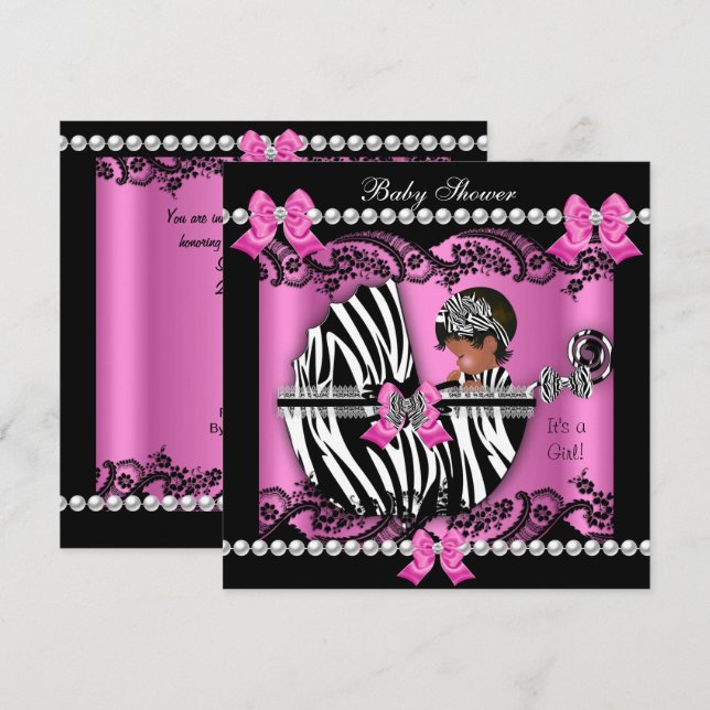 African American Baby Shower Cute Girl Pink Zebra Invitation (Front/Back)