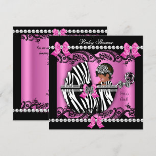 African American Baby Shower Cute Girl Pink Zebra Invitation