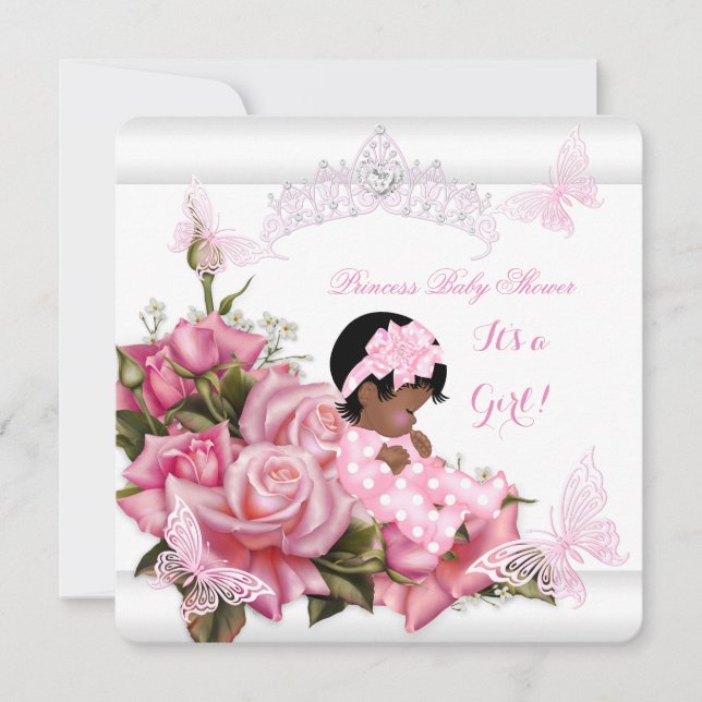 African American Baby Shower Girl Butterfly Pink W Invitation (Front)