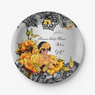 African American Baby Shower Girl Butterfly Yellow Paper Plate