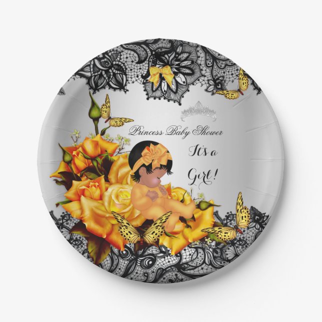 African American Baby Shower Girl Butterfly Yellow Paper Plate (Front)