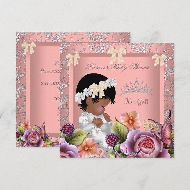 African American Baby Shower Girl Coral Pink Rose Invitation (Front/Back)