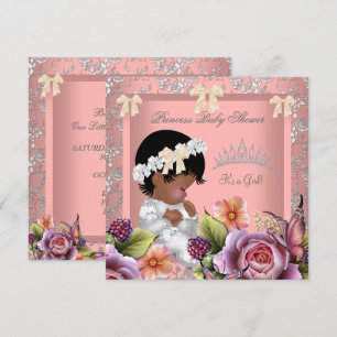 African American Baby Shower Girl Coral Pink Rose Invitation
