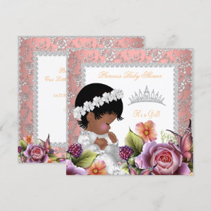 African American Baby Shower Girl Coral Rose Invitation