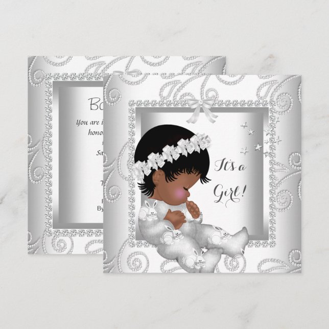 African American Baby Shower Girl Diamond White Invitation (Front/Back)