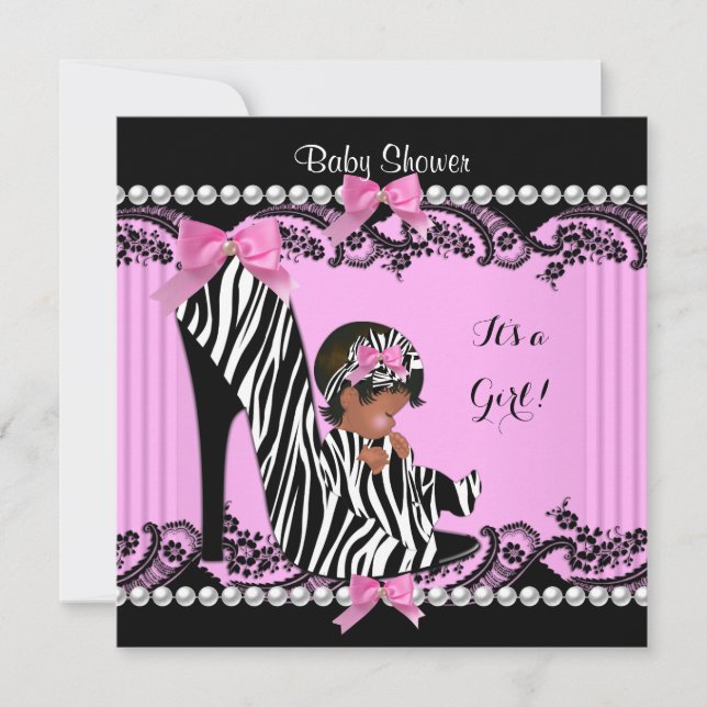 African American Baby Shower Girl Hot Pink Zebra 3 Invitation (Front)