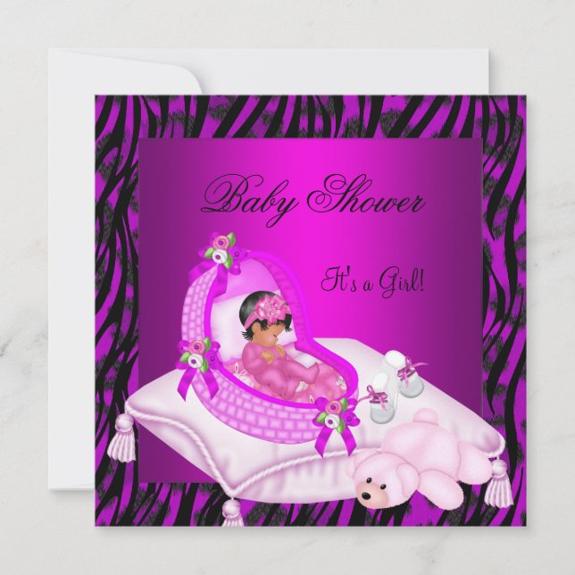 African American Baby Shower Girl Hot Pink Zebra Invitation (Front)