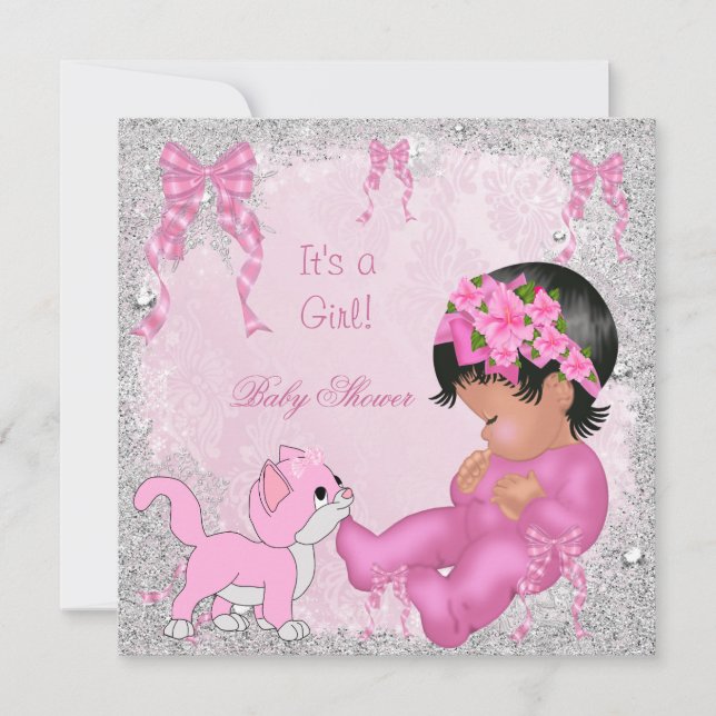 African American Baby Shower Girl Kitten Pink Invitation (Front)
