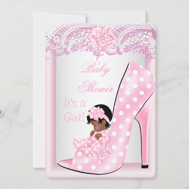 African American Baby Shower Girl Pink Baby Shoe Invitation (Front)