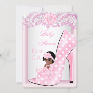 African American Baby Shower Girl Pink Baby Shoe Invitation