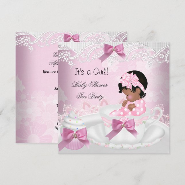 African American Baby Shower Girl Pink Baby Teacup Invitation (Front/Back)