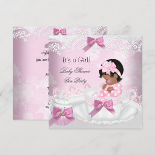 African American Baby Shower Girl Pink Baby Teacup Invitation
