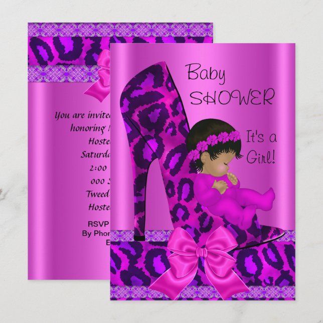 African American Baby Shower Girl Pink Leopard Invitation (Front/Back)