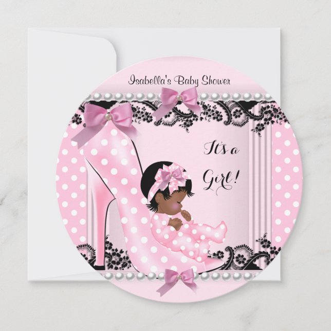 African American Baby Shower Girl Pink Polka Dots Invitation (Front)