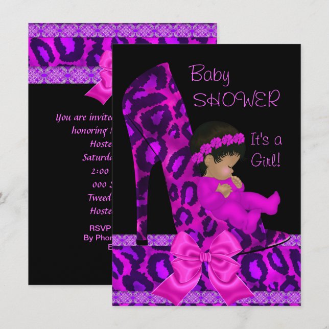 African American Baby Shower Girl Pink Purple Shoe Invitation (Front/Back)