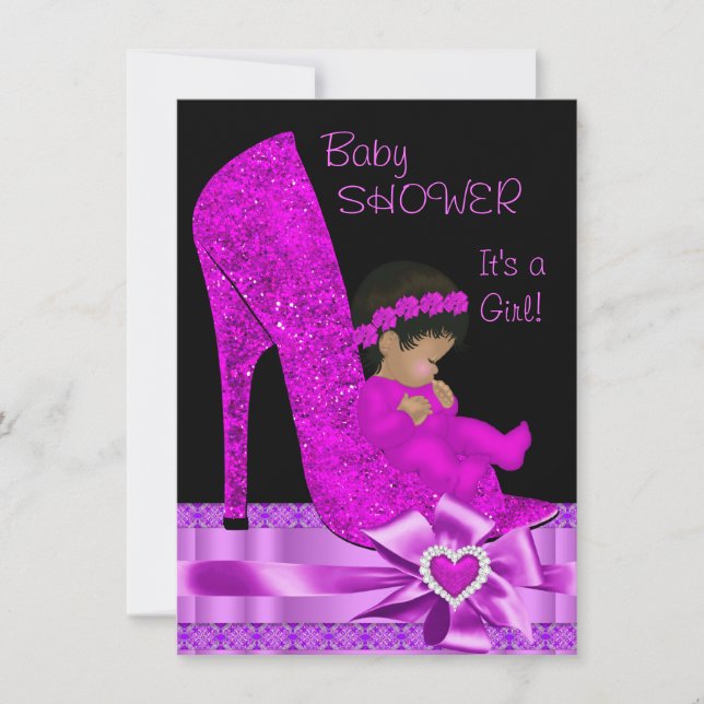 African American Baby Shower Girl Pink Purple Shoe Invitation (Front)